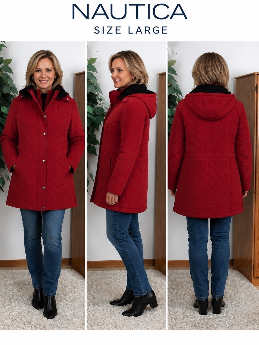 Nautica Women’s Quilted Hooded Jacket Red Size Large